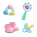 Cartoon baby accessories icons set. Girl pink baby booties, rubber dummy and different rattles.