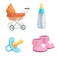 Cartoon baby accessories icons set. Girl pink baby booties, rubber dummy, orange bed pram and feed bottle with milk. Royalty Free Stock Photo