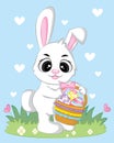 Cartoon baby bunny is charring Easter egg to the basket with colorful Easter eggs. Vector illustration in flat style.t Royalty Free Stock Photo