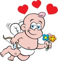 Cartoon baby cupid with a bow and holding flowers and surrounded by hearts.