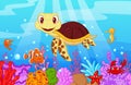 Cartoon baby cute turtle with collection fish