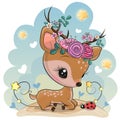 Cartoon Baby deer with flowers on the meadow