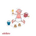 A cartoon baby in a diaper plays with a sand set. Vector illustration in the form of a sticker in retro style