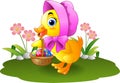 Cartoon baby duck carrying decorated egg Royalty Free Stock Photo