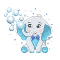 Cartoon baby elephant with blue ears blowing soap bubbles. Design element for baby shower card, invitation, nursery