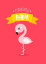 Cartoon baby flamingo with ribbon on red background. Cute children`s card