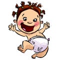 Cartoon baby girl with diapers and funny hair jumping high