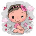 Cartoon baby Girl with flower on the meadow Royalty Free Stock Photo