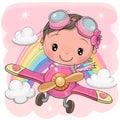 Cartoon Baby Girl is flying on a pink plane Royalty Free Stock Photo