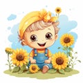 cartoon baby girl sitting in the sunflower field with sunflowers Royalty Free Stock Photo