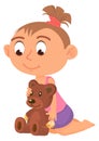 Cartoon baby girl with teddy bear. Kid playing with soft toy Royalty Free Stock Photo