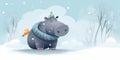 Cartoon baby hippo wearing scarf and hat