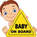 Cartoon baby holding on board yellow safety sign Royalty Free Stock Photo