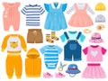 Cartoon baby kids girl and boy clothes, hats, shoes. Childrens fashion clothes, romper, shorts, dress and shoes vector