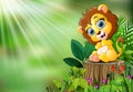 Cartoon of baby lion sitting on tree stump with green leaves and flowering plant Royalty Free Stock Photo