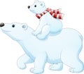 Cartoon baby polar bear riding on her mother`s back