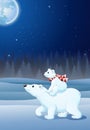 Cartoon baby polar bear riding on her mother`s back Royalty Free Stock Photo