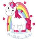 Cartoon baby pony unicorn standing on clouds with rainbow