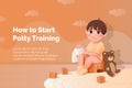 Cute cartoon baby sitting on a potty with toilet paper in hand and a teddy bear. Concept potty training. Website banner Royalty Free Stock Photo