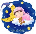 Cartoon baby sleeping with teddy bear and moon on the clouds Royalty Free Stock Photo