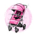 Cartoon Baby Stroller Vector Illustration. Girl Perambulator.