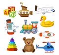 Cartoon baby toys set. Colorful and cute toys for little kid. Childhood objects airplane train ship animal helicopter submarine Royalty Free Stock Photo