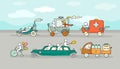 Cartoon background with different modes of transport. Doodle image of urban traffic with bus, cars.