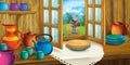 Cartoon background for fairy tale - interior of old fashioned house kitchen knight prince illustration for children Royalty Free Stock Photo