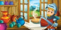 Cartoon background for fairy tale - interior of old fashioned house kitchen knight prince illustration for children Royalty Free Stock Photo