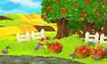 Cartoon background of a farm with fields and apple trees