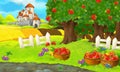 Cartoon background of a farm with fields and apple trees
