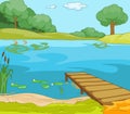 Cartoon background of forest lake with pier. Royalty Free Stock Photo