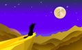 Cartoon background Illustration Featuring the Silhouette of a Howling Wolf. Desert landscape of mountains and dunes. Vector moonli Royalty Free Stock Photo