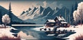 cartoon background with a luxury hotel in snowy mountains, green forest. Wooden living apartment, chalet of winter Royalty Free Stock Photo
