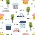 Cartoon background seamless pattern rural village with houses and cars vector colorful summer hand drawn flat style