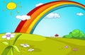 Cartoon background of summer glade with rainbow.