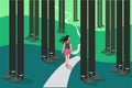 Cartoon backpacker travel tiny woman go on hard way surrounded by abstract forest legs businessman