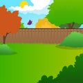 Cartoon backyard landscape with green meadow, bushes, trees, wooden fence, blue sky and flying butterfly. Summer nature