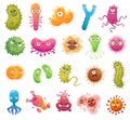 Cartoon bacteria mascot. Virus character, bacterias with funny faces. Color microbes and disease viruses isolated vector