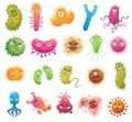 Cartoon bacteria mascot. Virus character, bacterias with funny faces. Color microbes and disease viruses isolated vector Royalty Free Stock Photo