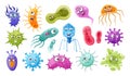 Cartoon bacteria, microbes and viruses germs mascots. Cute microorganisms, bacteria with facial emotions flat vector symbols Royalty Free Stock Photo