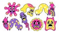 Set with trippy cartoon bacteria, monstrous characters in retro style. Vector. Royalty Free Stock Photo