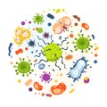 Cartoon bacteria. Virus infection, flu germs and micro organism in circle, cancer cells and epidemic disease bacterias Royalty Free Stock Photo