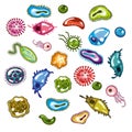 Cartoon Bacterias set. The world under the microscope. Microbes and viruses. Pathogen microorganism Germs, bacteria and