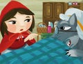 Cartoon bad wolf in disguise of grandmother and girl