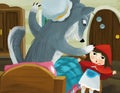 Cartoon bad wolf in disguise of grandmother and girl