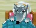 Cartoon bad wolf in disguise of grandmother resting