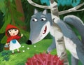Cartoon bad wolf meeting little girl in red hood in forest Royalty Free Stock Photo