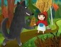 Cartoon bad wolf meeting little girl in red hood in forest Royalty Free Stock Photo