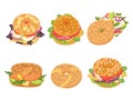 Cartoon bagel. Lunch food donut sandwich, gourmet restaurant breakfast bagels with cheese, salmon and avocado vector set